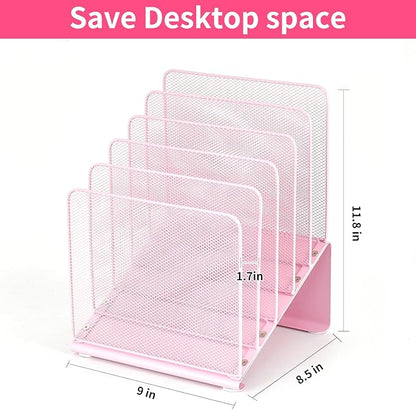 File Organizer for Desk, Desk Organizer with 5-Section Vertical File Rack, Folder Organizer,Workspace Organizers (Pink)