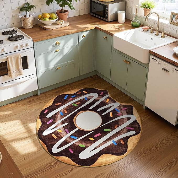 jinchan Cute Round Rug 3ft Chocolate Donut Fun Rug Washable Playroom Mat Sweet Dessert Circle Cool Rug Non Slip 3' Round Soft Cozy Doormat Small Funky Gift for Kids Toddler Nursery Teens Dorm Bedroom