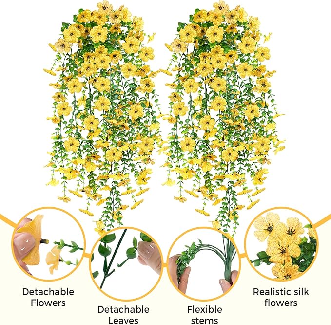 2 PCS Artificial Hanging Fall Flowers for Outdoors Decorations, Yellow Realistic Faux Silk Daisy with Eucalyptus, UV Resistant Fake Mums for Autumn Home Decor Patio Porch Window Box Front Door