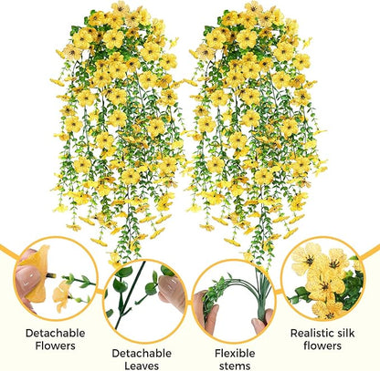 2 PCS Artificial Hanging Fall Flowers for Outdoors Decorations, Yellow Realistic Faux Silk Daisy with Eucalyptus, UV Resistant Fake Mums for Autumn Home Decor Patio Porch Window Box Front Door