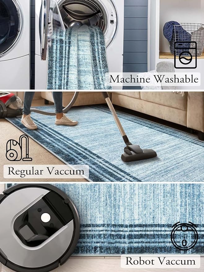 Lahome Modern Abstract Runner Rug, Washable Blue 2.5x10 Kitchen Runner Non Slip Runners for Hallways 10ft, Low-Pile Long Entryway Rug Indoor Soft Carpet Runner for Bedroom Hall