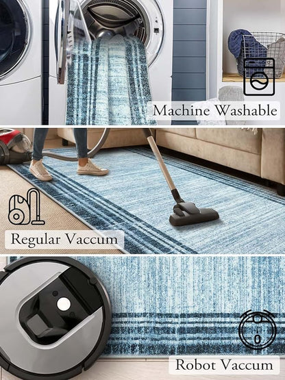 Lahome Modern Abstract Runner Rug, Washable Blue 2.5x10 Kitchen Runner Non Slip Runners for Hallways 10ft, Low-Pile Long Entryway Rug Indoor Soft Carpet Runner for Bedroom Hall