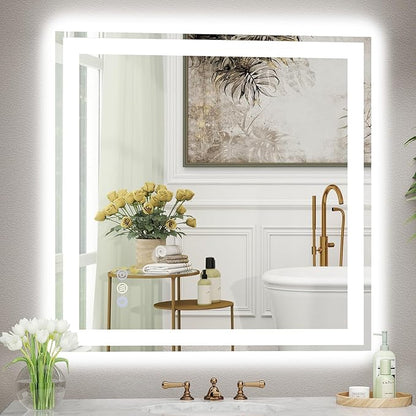 36"x 36" LED Bathroom Mirror, 3 Colors Vanity Mirror with Lights, Front and Backlit Bathroom Mirror with Lights, LED Smart Mirror for Wall, Tempered Glass, Anti-Fog, Stepless Dimmable, Memory(ETL)