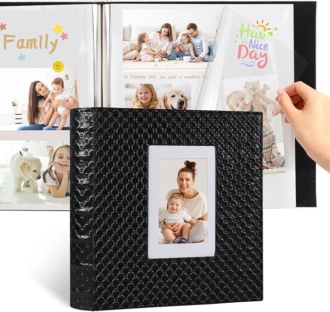 RECUTMS Scrapbook Photo Album 11x11 Black Button Grain Leather Cover DIY 4x6 5x7 8x10 Photos of Any Size