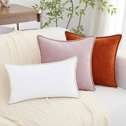 decorUhome Spring Chenille Soft Throw Pillow Covers 12x20 Set of 2, Lumbar Velvet Farmhouse Neutral Decorative Pillow Covers with Stitched Edge for Couch Sofa Bed Home Decor, White