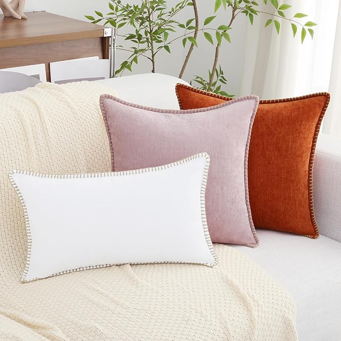 decorUhome Spring Chenille Soft Throw Pillow Covers 16x16 Set of 2, Farmhouse Velvet Neutral Decorative Pillow Covers with Stitched Edge for Couch Sofa Bed Home Decor, White