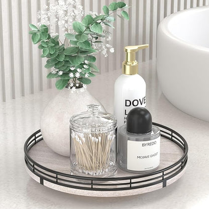 10" Oak Bathroom Vanity Tray Turntable for Perfume Candle, Round Wooden Decorative Tray for Kitchen Sink Countertop Organizer, Bathroom Counter Organizer for Skincare Makeup, Rustic Whitewased