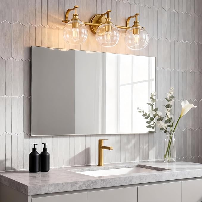 ANDY STAR Bruhsed Gold Bathroom Light Fixtures, Gold 3 Light Bathroom Vanity Lights, 3 Lights Wall Light with Globe Clear Lampshade, Vintage Brass Sconce with Metal Lamp Body for Bedroom, Living Room