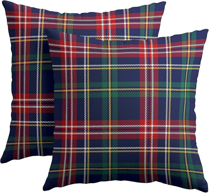 Christmas Tartan Pillow Covers 22x22 Set of 2 Navy Blue Green Red Plaid Print Decorative Outdoor Xmas Throw Pillow Cases Rustic Winter Holiday Decoration Farmhouse Sofa Couch Cushion Cover Bed Decor