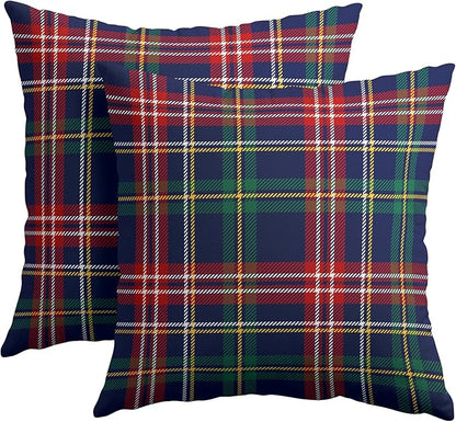 Christmas Tartan Pillow Covers 18x18 Set of 2 Navy Blue Green Red Plaid Print Decorative Outdoor Xmas Throw Pillow Cases Rustic Winter Holiday Decoration Farmhouse Sofa Couch Cushion Cover Bed Decor