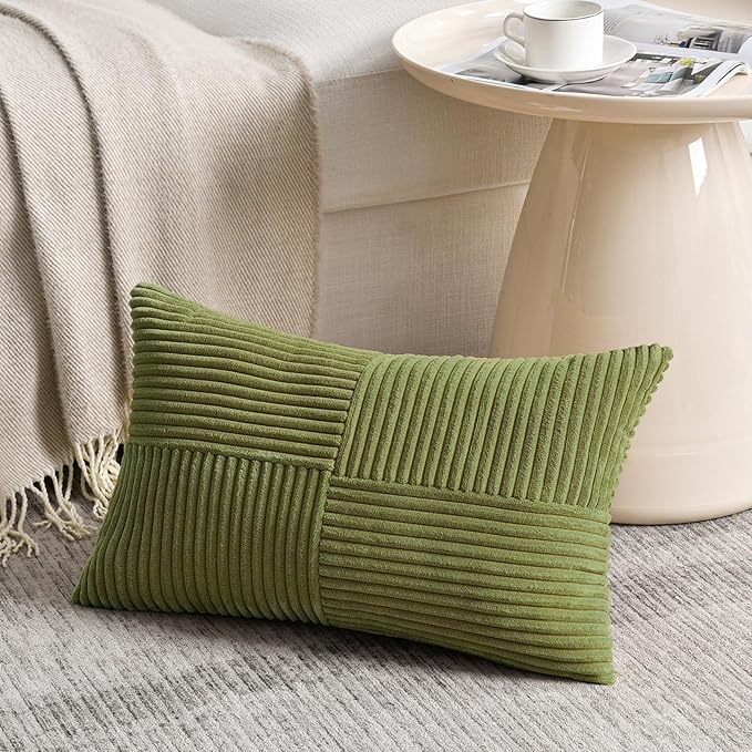 Fancy Homi 2 Packs Moss Green Long Lumbar Decorative Throw Pillow Covers 12x24 Inch for Couch Bed Sofa, Rustic Farmhouse Boho Home Decor, Soft Striped Corduroy Rectangle Accent Cushion Case 30x60 cm