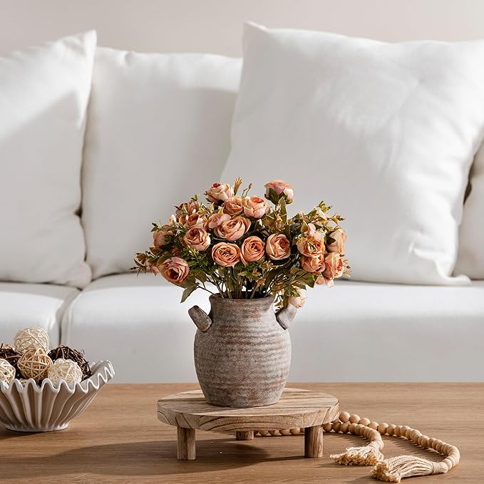 Ceramic Flower Vase Home Decor - Farmhouse Table Vases with Handle Living Room Decoration Vintage Decorative Aesthetic for Shelf Coffee Dining Desk House Bookshelf Fireplace (6" Rustic)