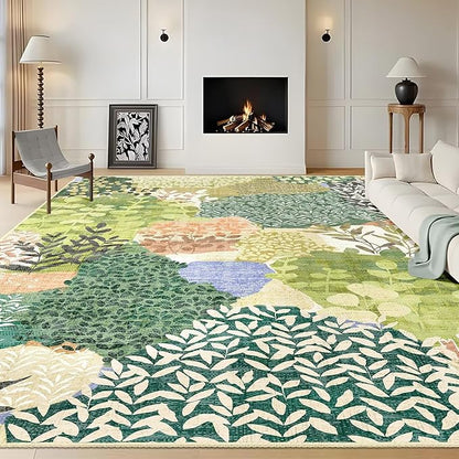 DEXDE Large Area Rugs 9x12 Living Room, Floral Washable Rug Boho Print Vintage Low Pile Non Slip Carpet for Bedroom Kids Room Kitchen Playroom Office Dinning Room,Green
