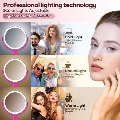 Makeup Mirror with Lights, 30X Magnifying & Height Adjustable, Lighted Magnifying Mirror with 3 Light Modes and Stepless Dimming, Vanity Mirrors for Bathroom, Birthday Gift for Women, Hotpink