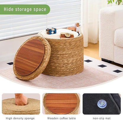 Wimarsbon Round Pouf Ottomans, Handwoven Natural Water Hyacinth Seagrass Pouffe,Outdoor Rattan Stool Accent Seat, Bohemian Coastal Home Decor (Storage - 18inch Natural Cattail)