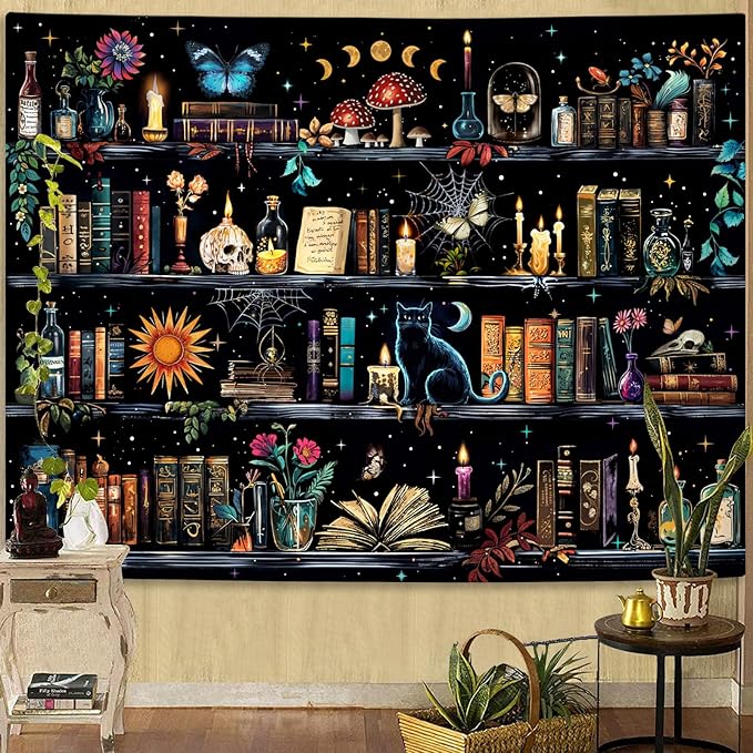 YEXIT Magic Bookshelf Tapestry, Witches & Skulls Gothic Wall Tapestries Black Cat for Study Room Living Room Dorm Bedroom 36×48 inch