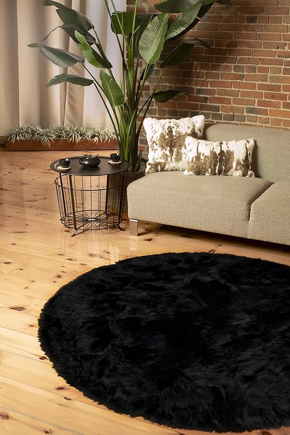 Luxe Gordon Faux Fur Rug with Soft and Fluffy Pile | Machine Washable Living Room Rug with Anti-Slip Backing | Cruelty-Free Area Rugs for Office or Bedroom, Black, 6 ft Dia.
