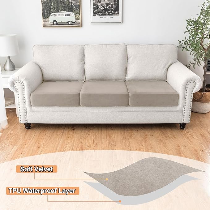 NAISI Waterproof Couch Cushion Covers Thick Velvet Fabric Washable Sofa Slipcovers 3 Pieces Individual Sectional Couch Covers with Elastic Bottom(3 Pcs for 3-Seat or Backrest,Light Taupe)