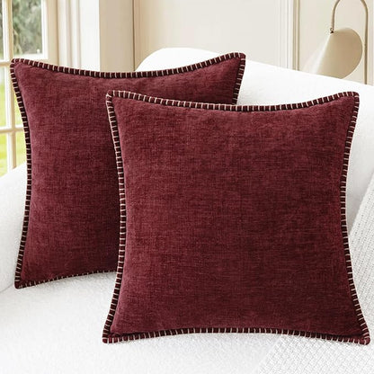 CaliTime Christmas Throw Pillow Covers Decorative 22 X 22 Inches Pack of 2 Cotton Thread Stitching Edges Solid Dyed Soft Chenille Cushion Cases for Couch Sofa Bed Living Room Farmhouse Burgundy