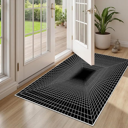 Optical Illusion Rug - Washable Rugs 6x8, Abstract Geometric Lines Soft Neutral Indoor Floor Mats Plaid Carpet, Non-Slip Stain Resistant Modern Black Rug for Bedroom, Living Room Rugs