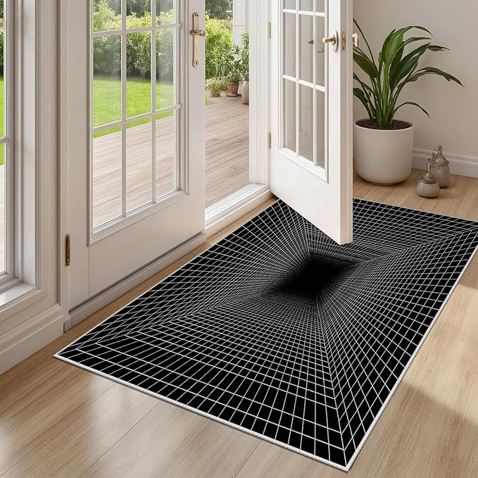 Optical Illusion Rug - Washable Rugs 7x9, Abstract Geometric Lines Soft Neutral Indoor Floor Mats Plaid Carpet, Non-Slip Stain Resistant Modern Black Rug for Bedroom, Living Room Rugs
