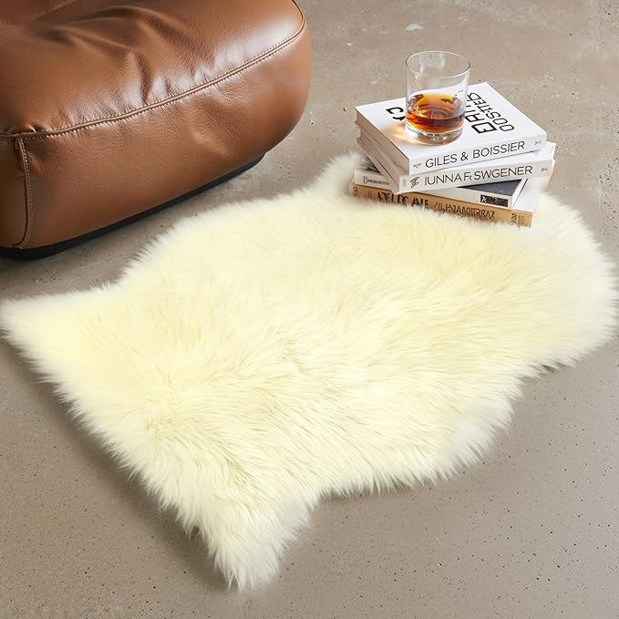 GENIMO 2x3 Fluffy Faux Fur Rug, Ultra Soft Shaggy Sheepskin Rug, High Pile Suede Backed Plush Area Rugs for Bedroom Living Room Indoor Floor Chair Cover Sofa, Cream