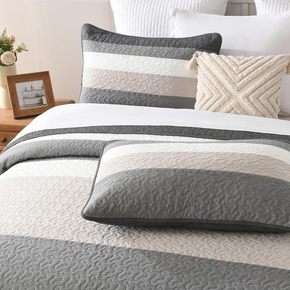 Finlonte 100% Cotton Oversized King Bedspread 120"x120", Extra Large Quilt, Modern Striped Bed Spreads Coverlet, Lightweight Reversible Yarn Dyed Quilted Bedding, 3 Piece, Gray/White