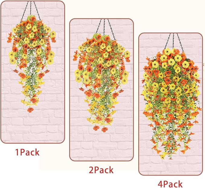Artificial Fake Hanging Flowers Plants for Outdoor Fall Decoration, 4PCS UV Resistant Look Real Trailing Vines for Outside Home Planter Porch Patio Mums Autumn Decor(Orange&Yellow)