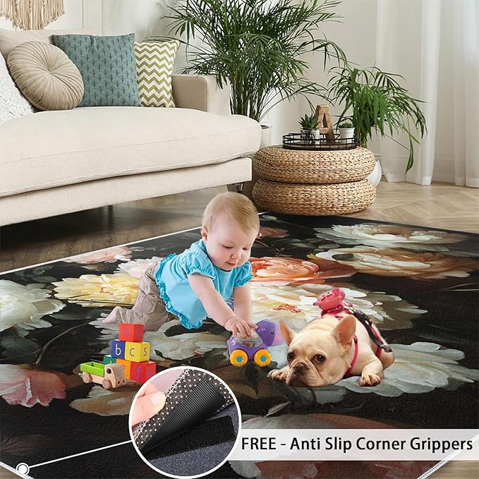 Flowers 2x3 Area Rugs for Living Room Peony Washable Rug Rustic Flowers Rug Non Slip Low Pile Soft Area Rugs for Bedroom Bedside Dining Room Kids