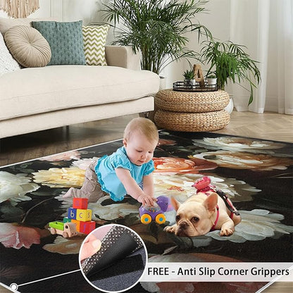 Flowers 4x6 Area Rugs for Living Room Peony Washable Rug Rustic Flowers Rug Non Slip Low Pile Soft Area Rugs for Bedroom Bedside Dining Room Kids