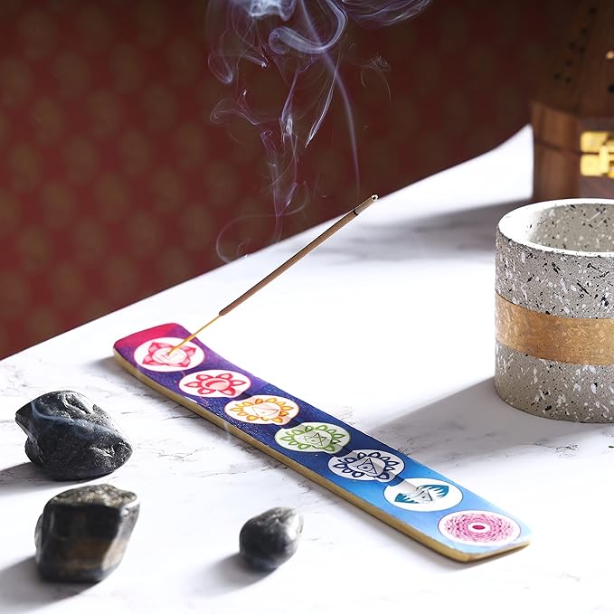 Bless-International Traditional-Handmade-Burner Wooden-Incense-Stick-Holder Ash-Catcher-Stand for-Aromatherapy-Meditation-Yoga (Seven Chakkra) 10 Inches, Pack of 2