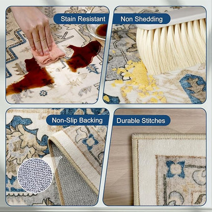 Area Rugs for Living Room 10x14 - Extra Large Machine Washable Vintage Oriental Soft Rug, Low Pile Thin Carpet with Non Slip Backing for Bedroom, Dorm, Dining Room, Indoor House, Office