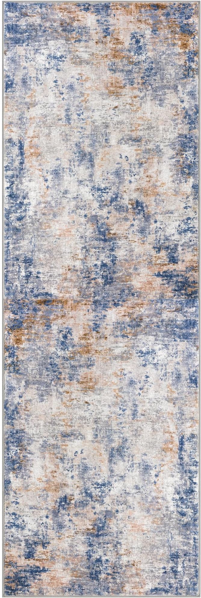 Modern Abstract Runner Rug 2x6, Grey Blue Orange Multi Washable Kitchen Runner Non-Slip Soft Hallway Rug Runner Thin Print Faux Wool Carpet for Entryway Bedroom Laundry Room Indoor Home Decor