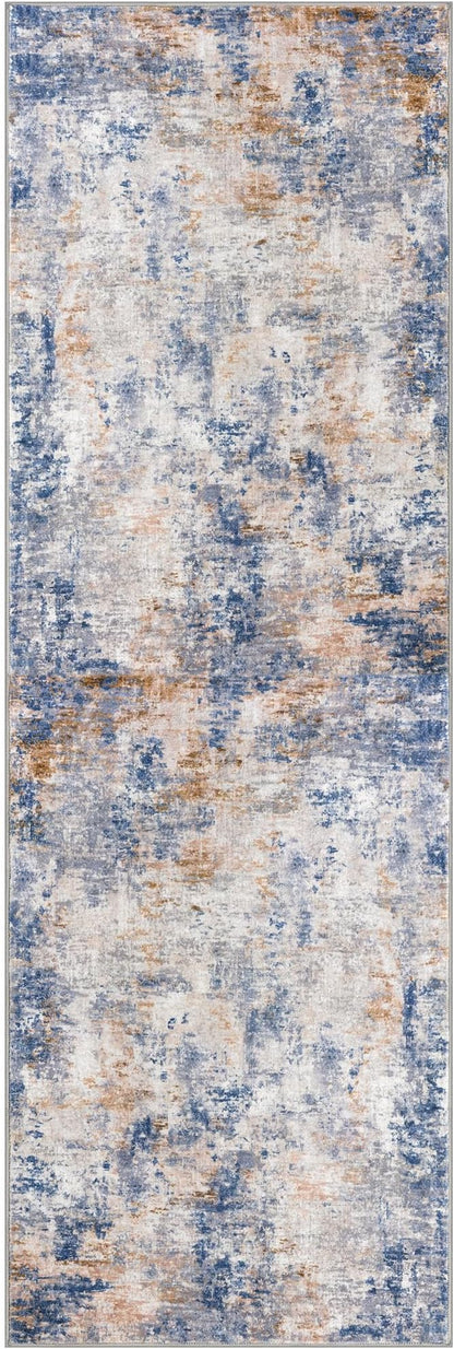 Modern Abstract Runner Rug 2x6, Grey Blue Orange Multi Washable Kitchen Runner Non-Slip Soft Hallway Rug Runner Thin Print Faux Wool Carpet for Entryway Bedroom Laundry Room Indoor Home Decor