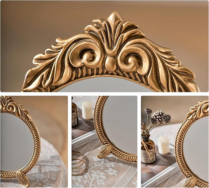 Small Round Gold Vintage Vanity Mirror – 9.5" x 12.5" Small Baroque Desktop Mirror, Antique Freestanding Dressing Table Mirror for Bedroom, Living Room, and Countertop Décor