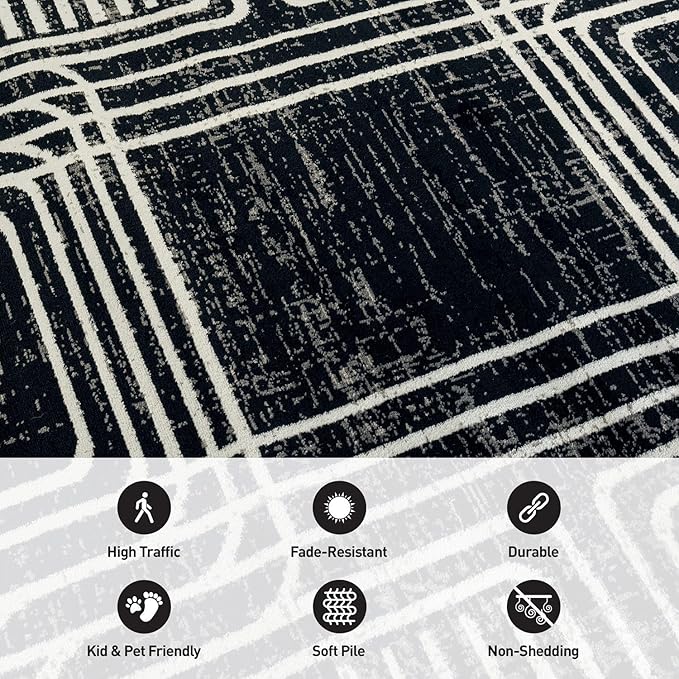 Rugshop Black and White Geometric Area Rug – Abstract Curved Line and Square Pattern Carpet for Living Room, Bedroom, or Office – Contemporary Soft Floor Décor 5' x 7' Black