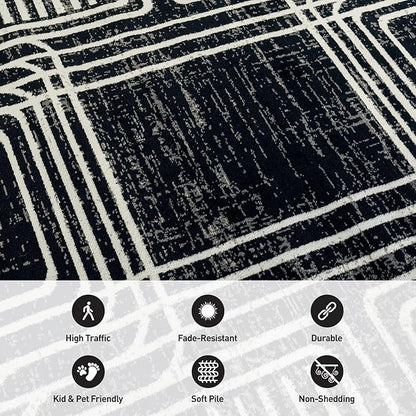 Rugshop Black and White Geometric Area Rug – Abstract Curved Line and Square Pattern Carpet for Living Room, Bedroom, or Office – Contemporary Soft Floor Décor 2' 3" x 12' Runner Black