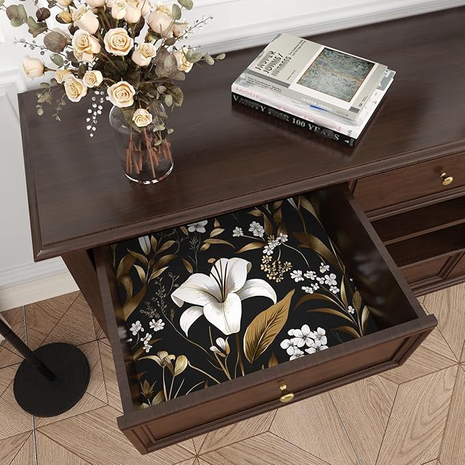 White Floral Wallpaper Peel and Stick, Black Gold Vintage Contact Paper, Dark Golden Botanical Wall Paper Self Adhesive Removable Waterproof for Bedroom Cabinet Drawer Table Decor 17.5" x 118"