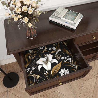 Black White Floral Wallpaper Peel and Stick, Dark Gold Vintage Contact Paper 17.5" x 393", Golden Botanical Wall Paper Self Adhesive Removable Waterproof for Bedroom Cabinet Drawer Table Decor