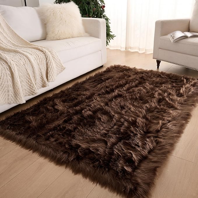 Fluffy Faux Fur Rug Coffee Sheepskin Area Rug,4x6 Ft Ultra Soft Shaggy Plush Rug for Bedroom Bedside Living Room Nursery Kids Room