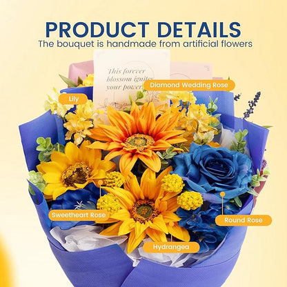 TINGE TIME Aritifical Flowers Bouquet, Sunflower&RoyalBlue Roses Gift Bouquet, Birthday Gifts for Women, Eternal Roses Bouquet for Grandma Wife Anniversary Graduation