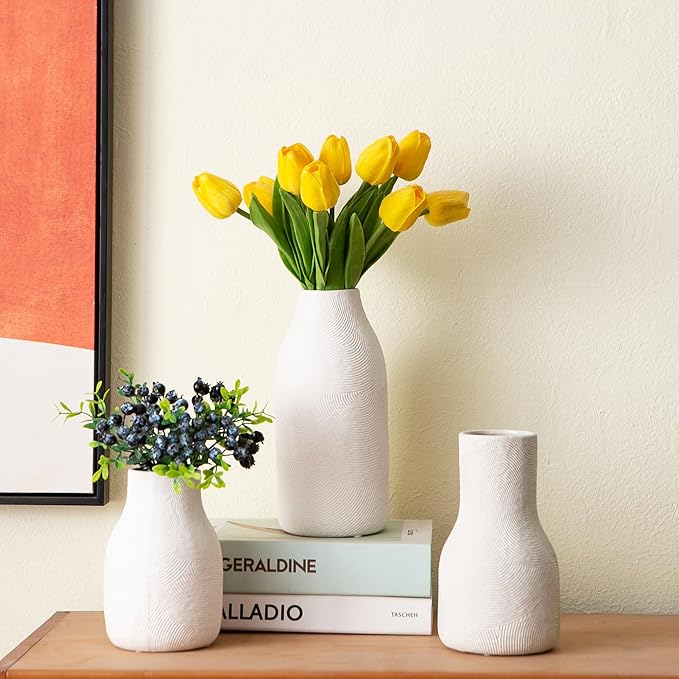 Decorative White Ceramic Vase Set for Modern Boho Home Decor – Set of 3 Textured Pottery Vases for Dried Flowers, Pampas Grass, Living Room, Shelf, or Entryway Display