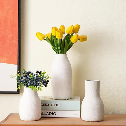 Decorative White Ceramic Vase Set for Modern Boho Home Decor – Set of 3 Textured Pottery Vases for Dried Flowers, Pampas Grass, Living Room, Shelf, or Entryway Display