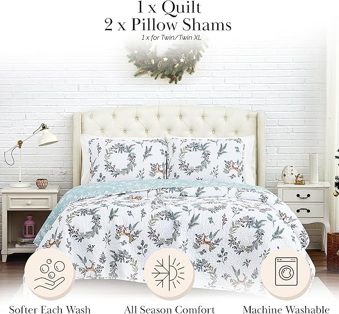 Southshore Fine Living, Inc. Happy Holidays Christmas Bedding Set 2-Piece Oversized Holiday Quilt Set with Quilted Shams, Twin/Twin XL