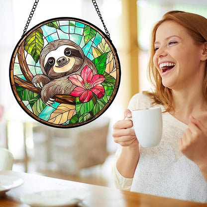 Stained Glass Window Hanging, Cute Sloth Sun Catcher for Door Home Decor Animal Suncatcher Christmas Mother's Day Birthday Gifts for Women Men Mom and Nana 15 in