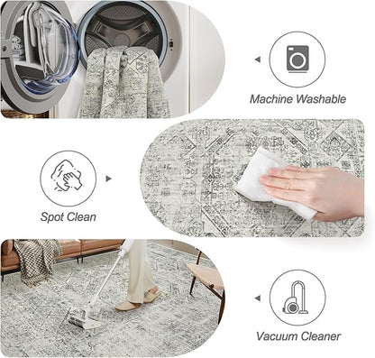 5x7 Area Rugs Grey Low Pile Indoor Washable Trendy Faded Style Floral Rugs for Bedroom Living Room Dining Room Foldable Non-Slip Thin Print Mat