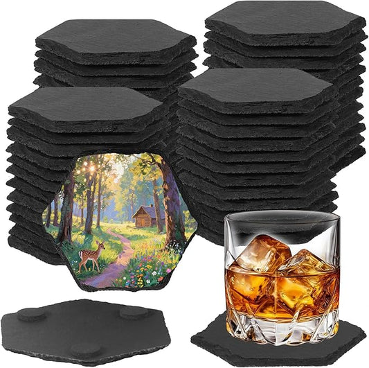 48PCS Slate Coasters for Laser Engraving, 4inch Black Beverage Coasters for Hand Painting, Non-Slip Bottom Mat, Home Office Kitchen Gift Wedding Bar Party(Hexagon)