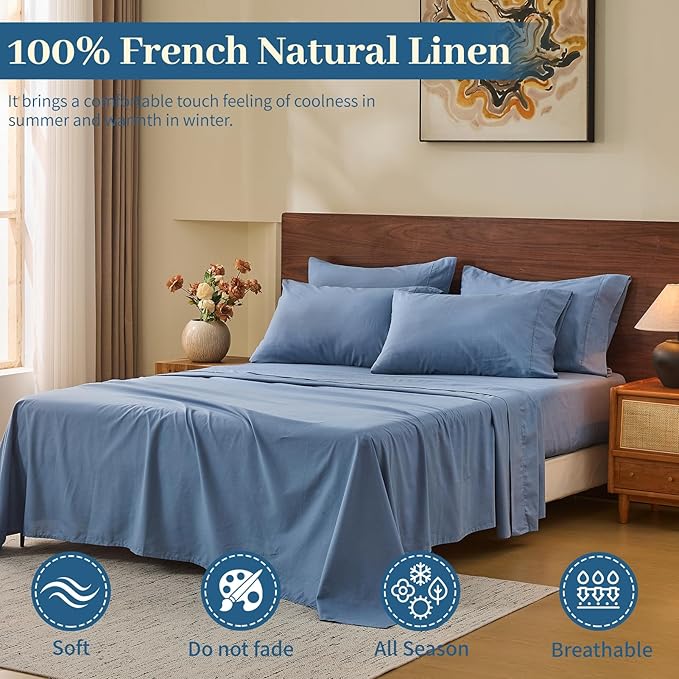 MEISHANG 100% French Pure Linen Sheets Queen Size - Bed Sheets 4 Piece Sets, Soft Durable Flax Linen, Anti-Tear Breathable Oeko-Tex Certified with 16" Deep Pocket (Dusty Blue)