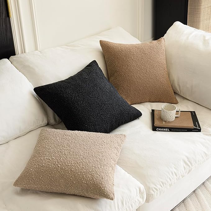 Foindtower Decorative Textured Boucle Throw Pillow Covers Accent Solid Pillow Cases Neutral Soft Cozy Couch Cushion Case for Chair Sofa Bedroom Living Room Home Decor 24 x 24 Inch,Black