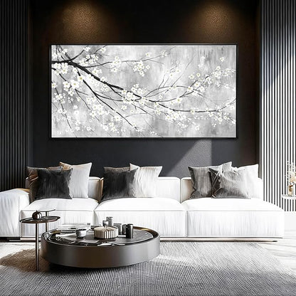 WINKAILIN Large 29"x58" White Black and Gold Plum Blossom Canvas Black Frame Wall Art Minimalist Flower Poster Decorative Artwork for Living Room Bedroom Office Kitchen Walls